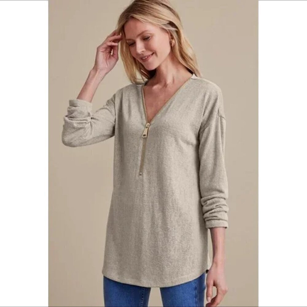 Soft Surroundings Valentina slub knit sweater zipper gold tan top stretch XL